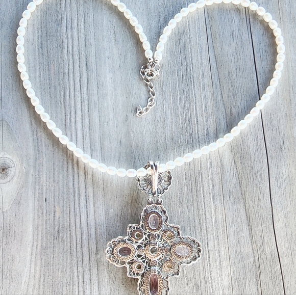 Nicky Butler Sterling Silver Pink Quartz Rhodolite Cross Pendant Pearl Necklace - Picture 9 of 16